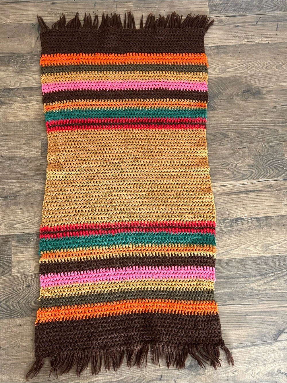 VTG MCM Small Crocheted Throw Table Cover Multicolored Striped Handmade 49x22.5”
